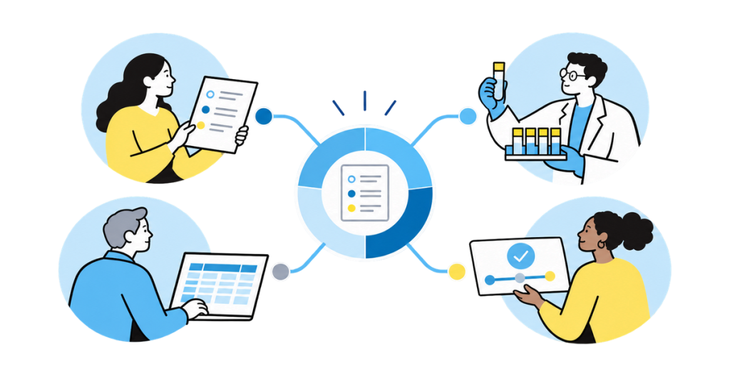 Sponsor, CRO, laboratory and specialist vendor teams collaborating within one coordinated clinical development workflow. Integrated with Sponsor, CRO and specialist-vendor workflows.